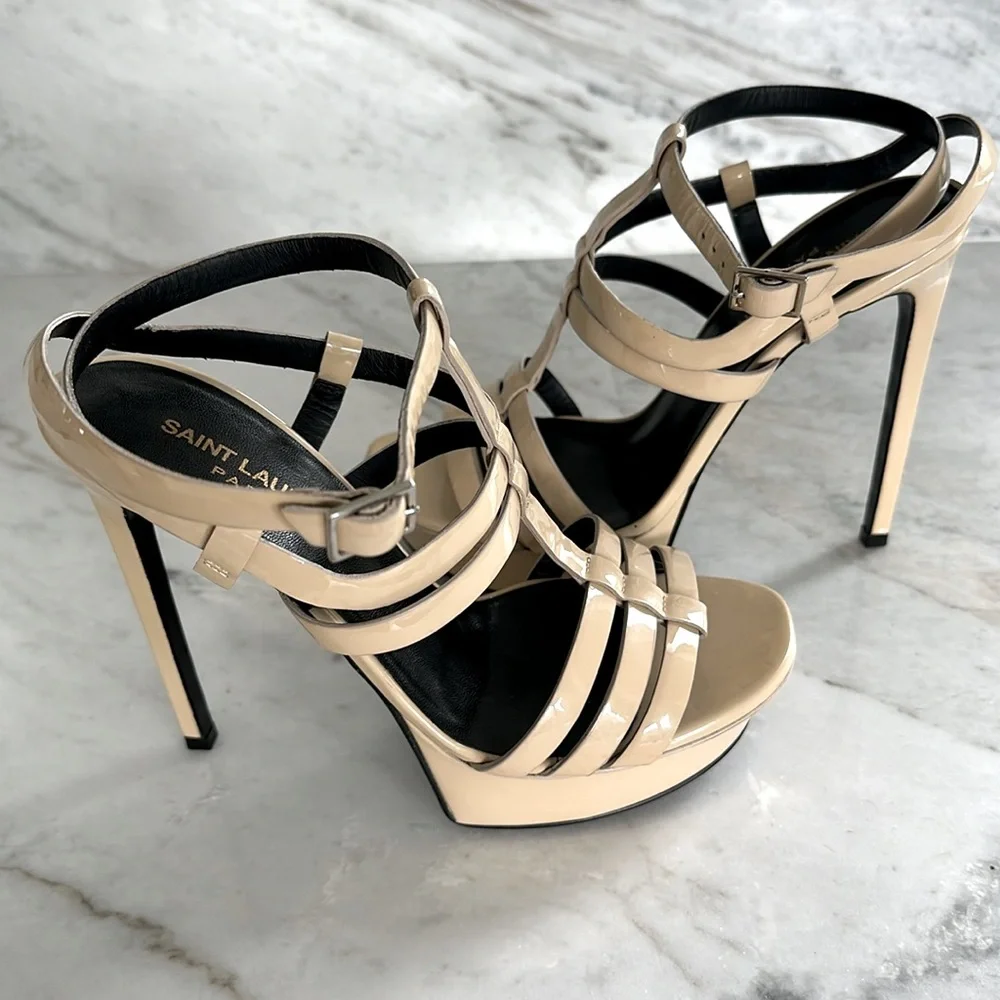 Saint Laurent T-strap Multi Strap  Patent Cream Sandals Size 8 - Picture 8 of 8